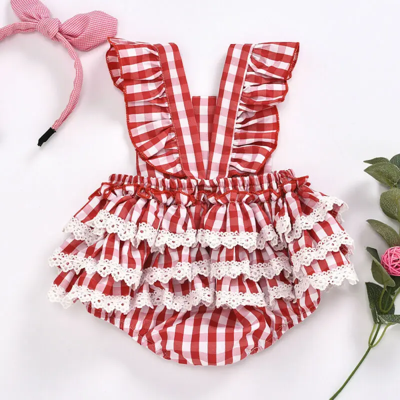 2020 One-piece Newborn Baby Girls Cotton Rompers Outfits Sleeveless Red Plaid Lace Jumpsuit Cute Girl Playsuit Outfit | Детская одежда