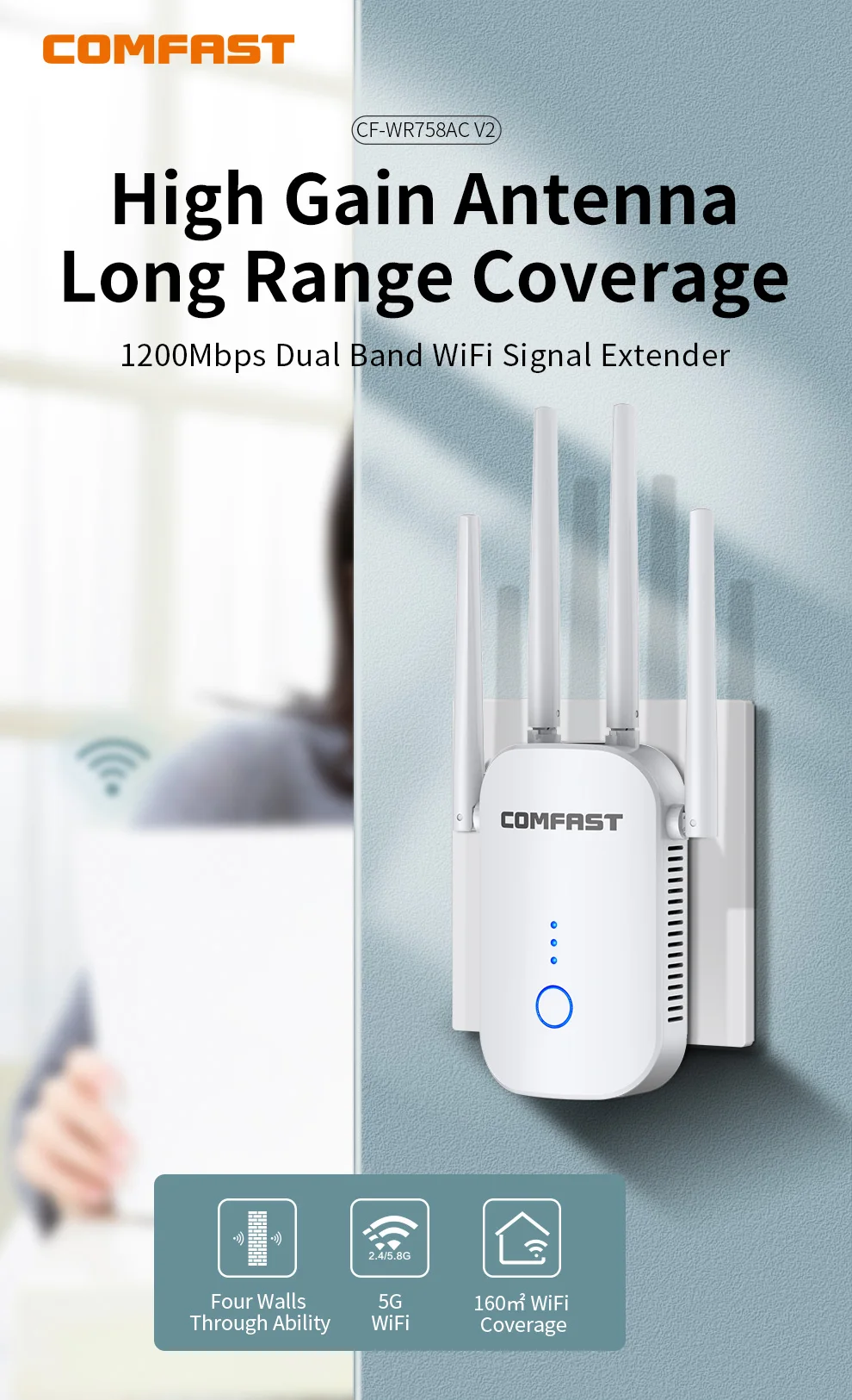 Wifi Extender 1200Mbps Wireless Wi Fi Repeater Dual Band 2.4&amp5Ghz W Ifi Router Long Range Booster 4 Antenna Wi-fi Amplifier | Компьютеры