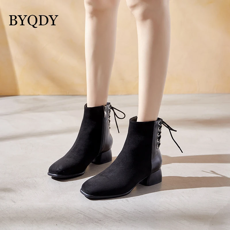 

BYQDY Women Lace Up Chelsea Boots Square Toe Soft Suede Middle Heel Shoes Ladies Combat Military Snow Boot with Zipper Plus