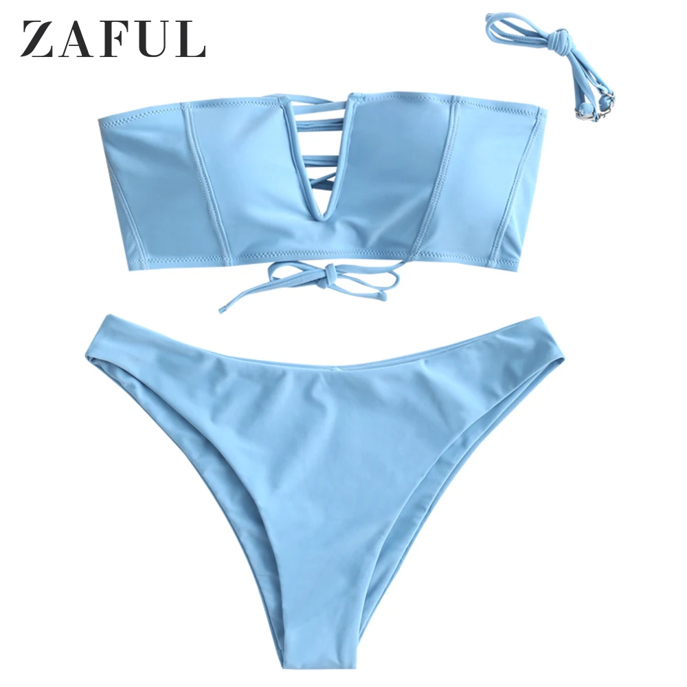 

ZAFUL V-wired Lace-up Topstitching Bandeau Bikini Swimsuit Strapless Bikini Lace Up Padded V Notch Two-Piece Swimming Suits