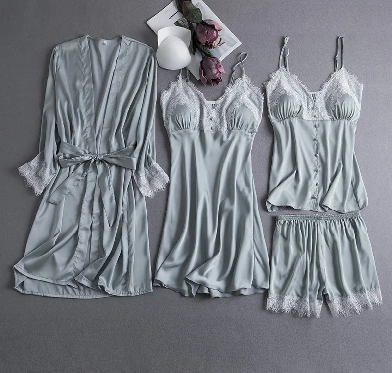 

Satin 4PCS Sleep Set Burgundy Lace Patchwork Pajamas Sexy Nightwear Female Kimono Robe Gown Intimate Lingerie Silky Homewear