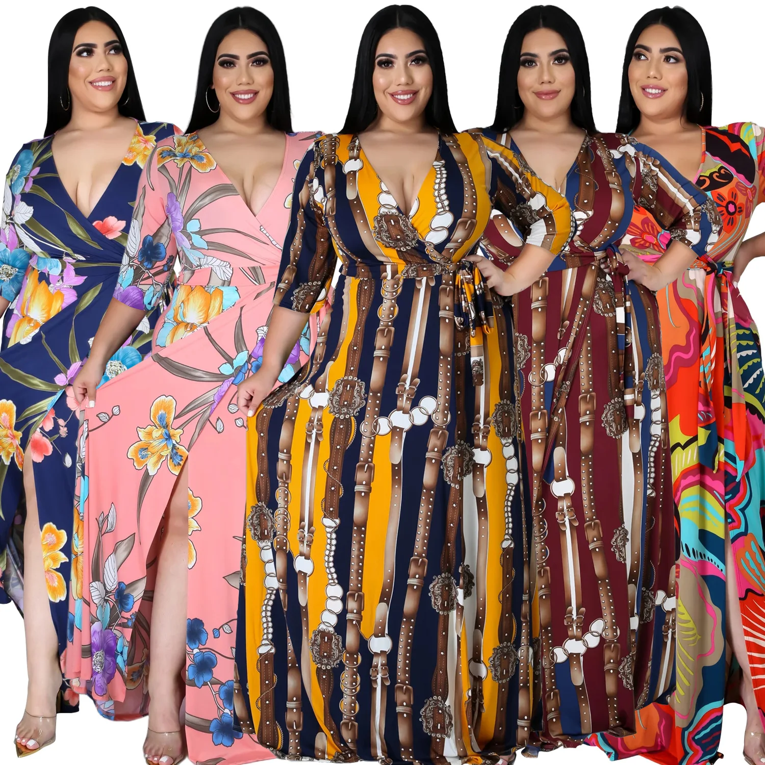 

4XL 5XL Sexy Split Dress Women's V-Neck Sleeves With Belt Digital Printing Fashion Quality Bohemian Beach Long Skirt 2021 New