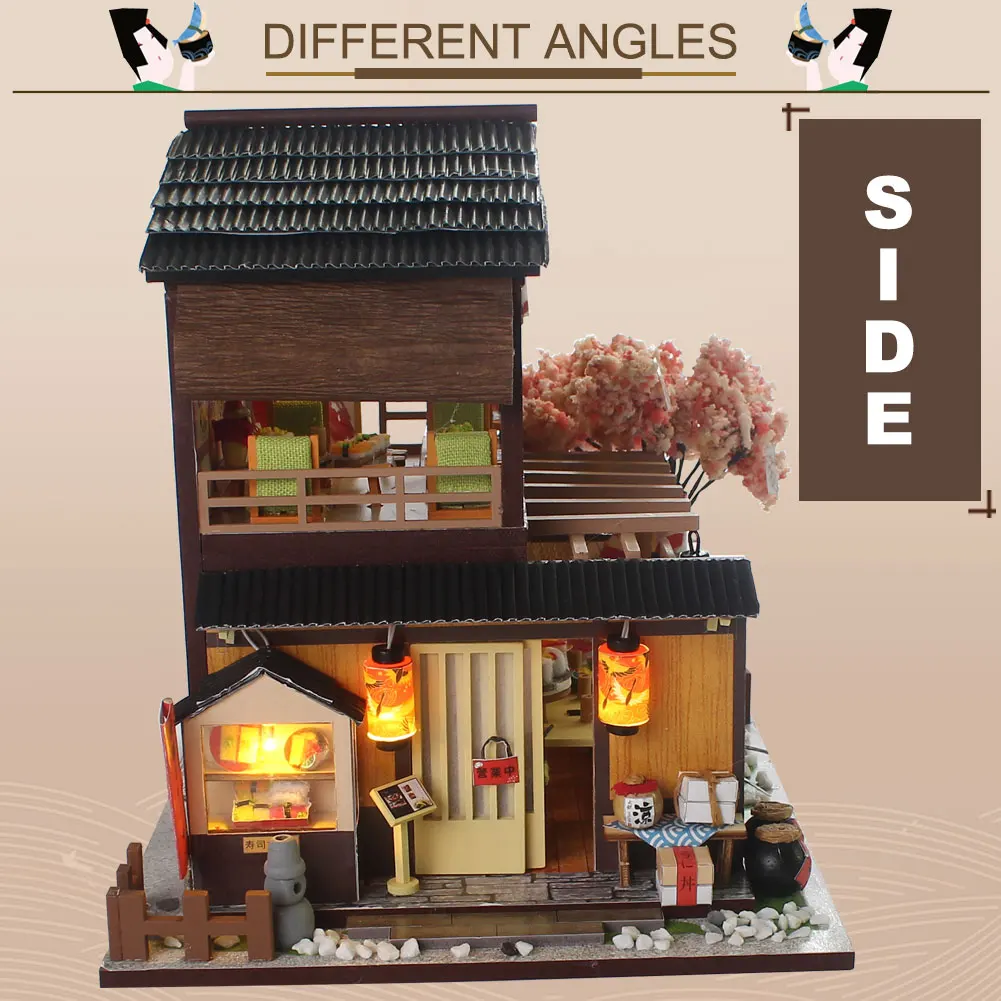 DIY Wooden Dollhouse Japanese Sushi Bar Architecture House Model Villa Handmade Assembling SushiBar Ancient Relief Creative Gift | Игрушки и
