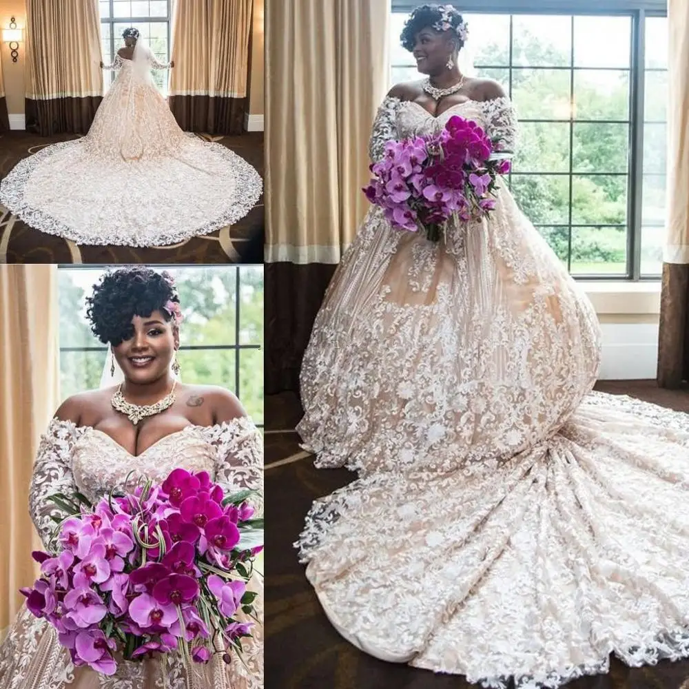 

Женское свадебное платье цвета шампанского, с длинным рукавом и открытыми плечами, кружевное платье со шлейфом в арабском стиле, 2021