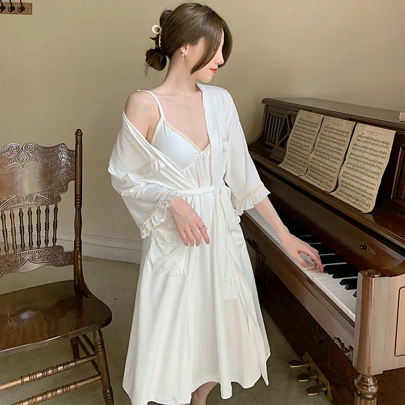 

Women's Nightdress 2021 Summer Sexy V-neck Sling Nightgown with Chest Pad Solid Modal Ruffled Robe Sleeping Dress 2-Piece Set