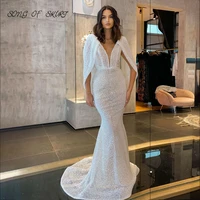 elegant white mermaid evening dresses deep v neck fashion beaded cape sleeve wedding party prom gown robe de soir%c3%a9e femme