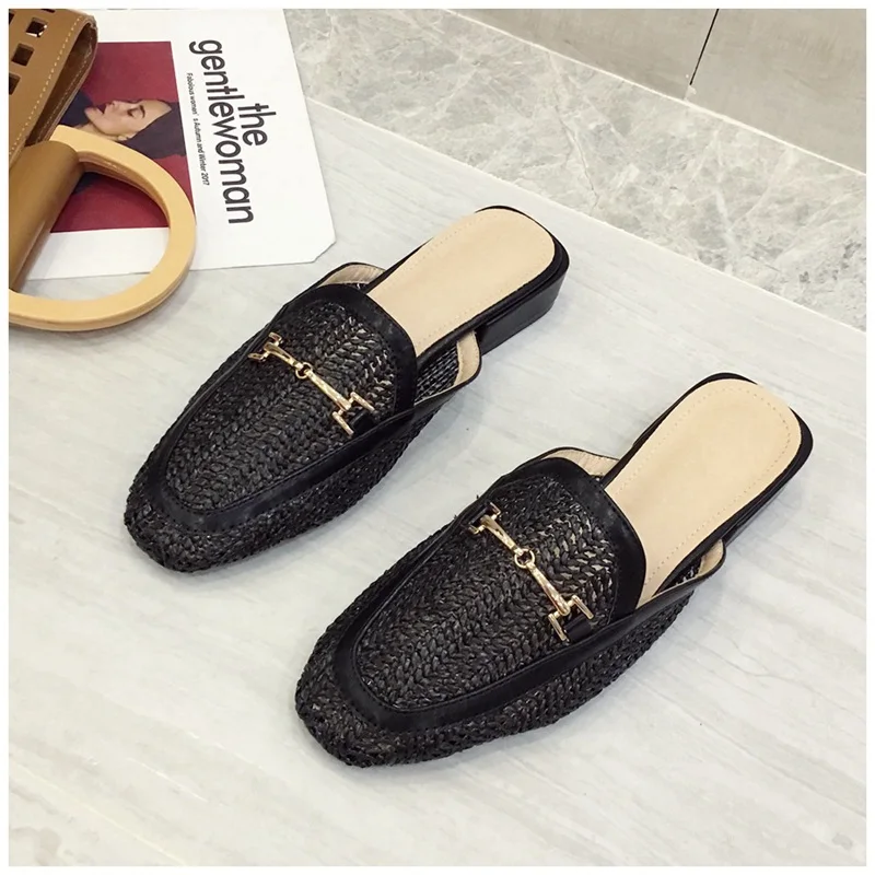 New Fashion Women Mules Slipper Low Heel Slip On Slide Sandals Cane Woven Beach Summer Slippers Flat Sandals