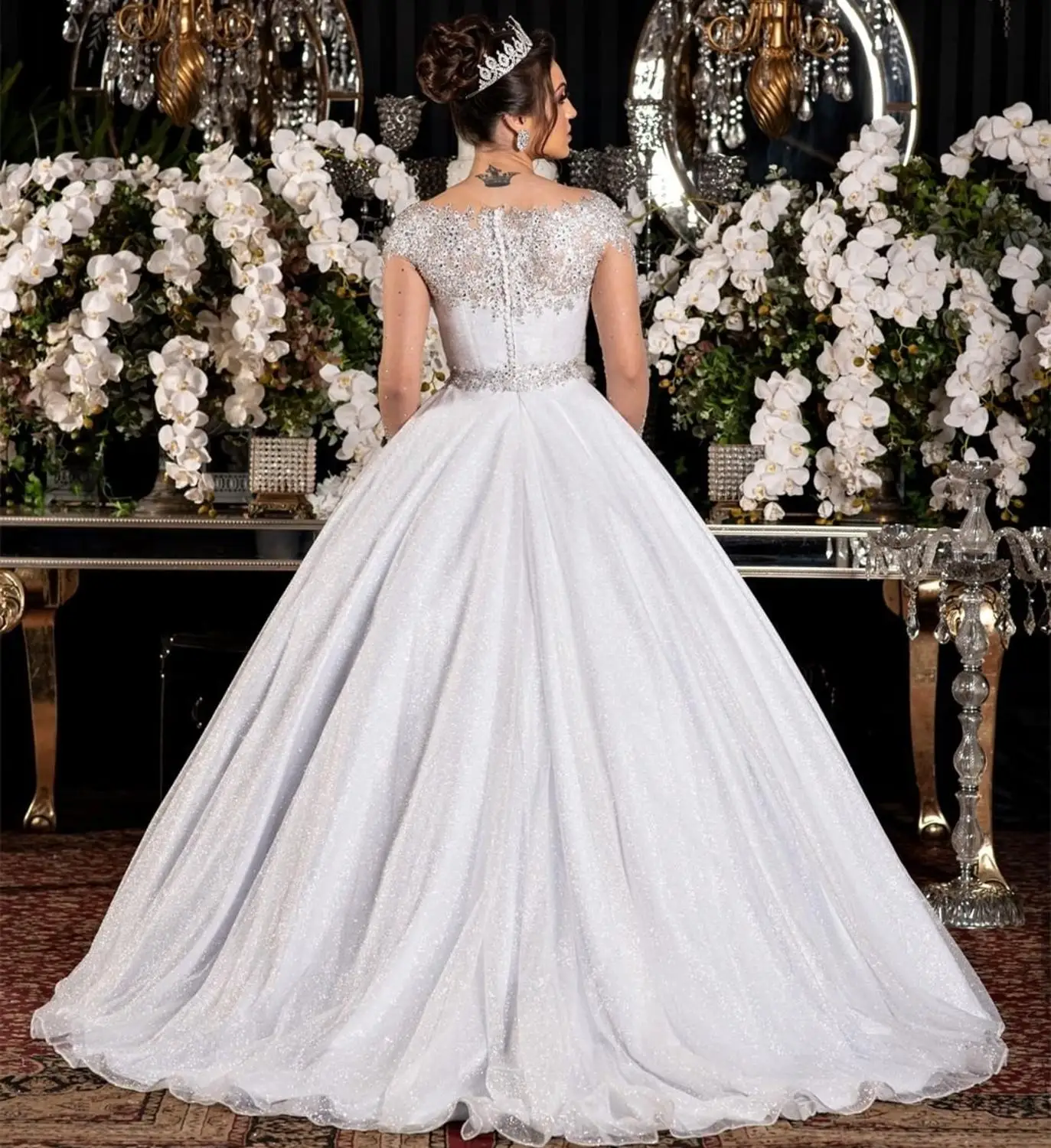 

Wedding Dress Ball O-Neck Lace Appliques Sequined Illusion Tulle Full Sleeve Floor Length Luxury Bride Gown Custom Made New