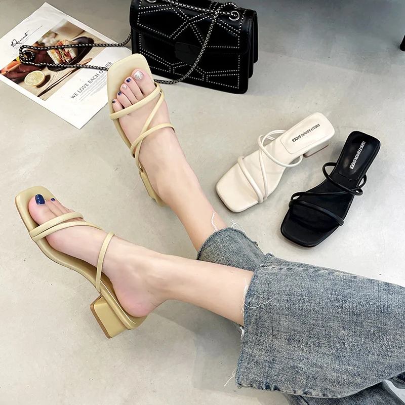 

Shoes Woman 2021 Shallow Female Slippers Square heel Med Luxury Slides New Block Soft Designer Fashion Concise PU Hoof Heels