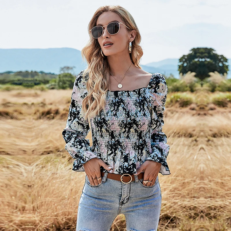 

Summer Short Floral Blouse Top For Women 2021 New Elegant Square Collar Slim Full Sleeve Ladies Casual Print Pullover Top