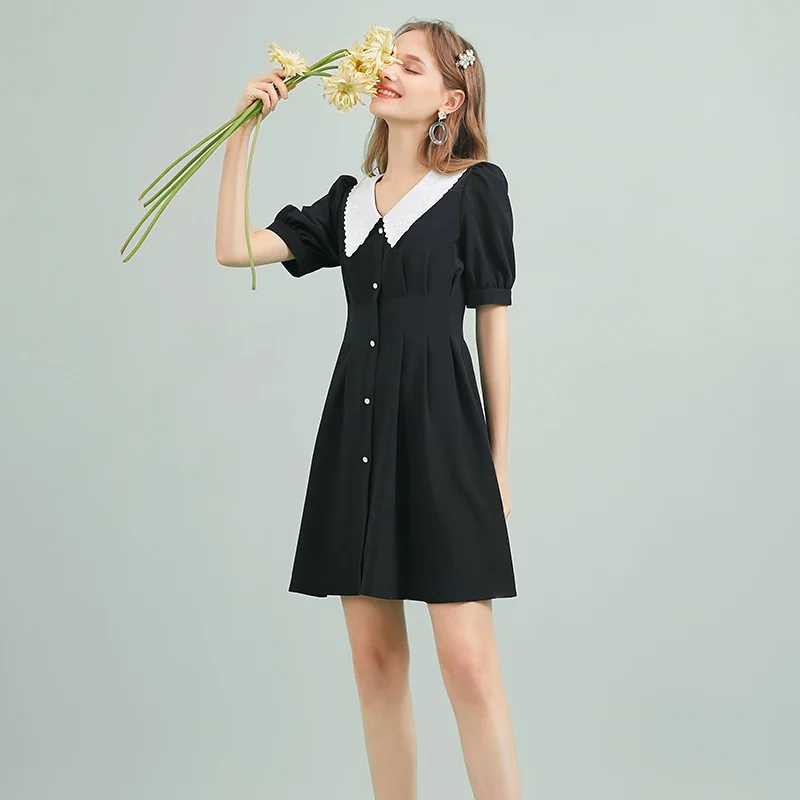 

2021 Summer Women's Skirts New Embroidered Lapel Hepburn Purple French Medium Sleeve Dress