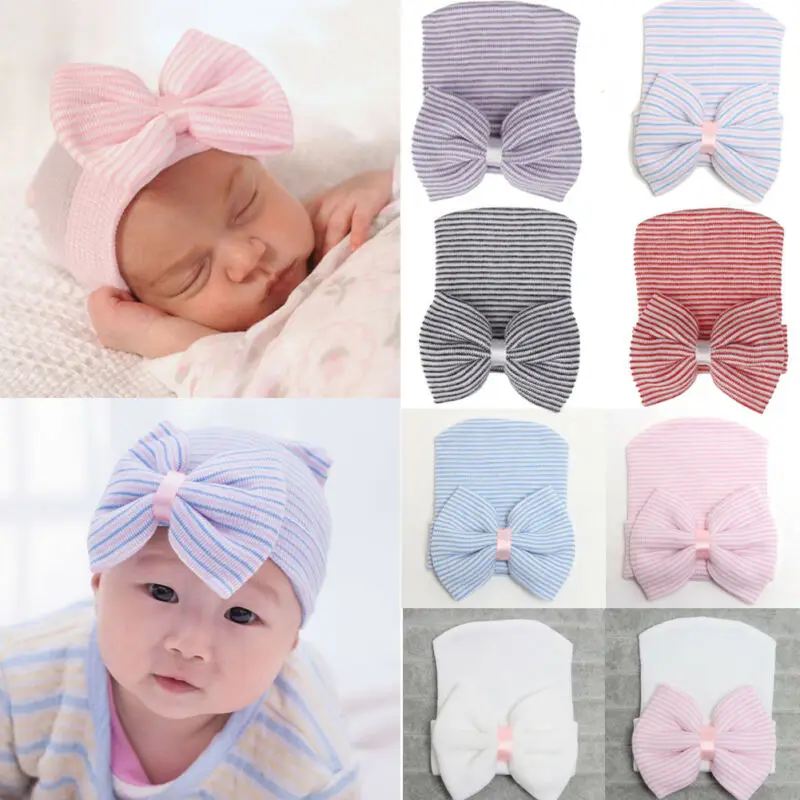 Newborn Baby Girl Toddler Stripe Hospital Cap Infant Comfy Bowknot Beanie Hat /BY | Детская одежда и обувь