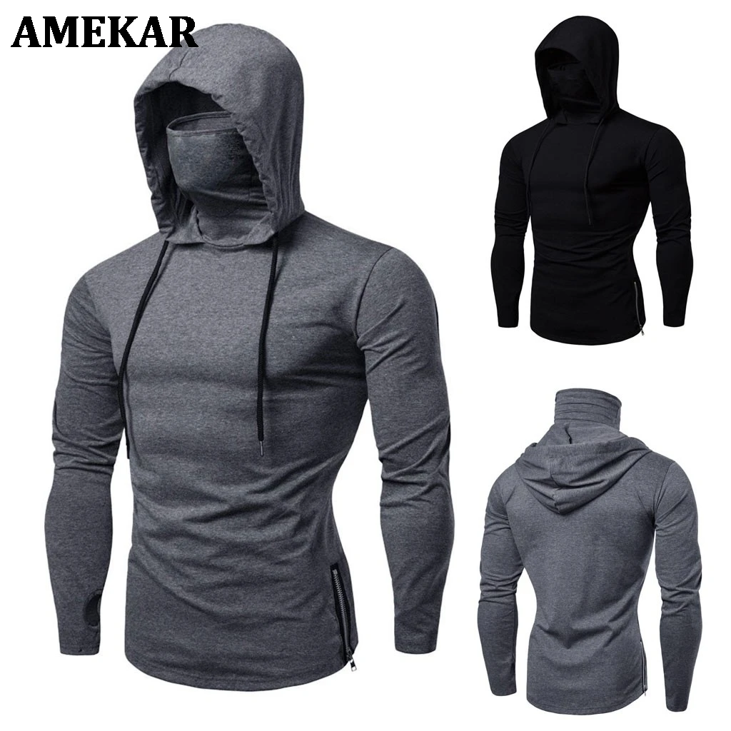 

Mens Gym Thin Hoodie Long Sleeve Hoodies With Mask Sweatshirt Casual Splice Large Open-Forked Mask Hoodie Sweatshirt Hooded Tops