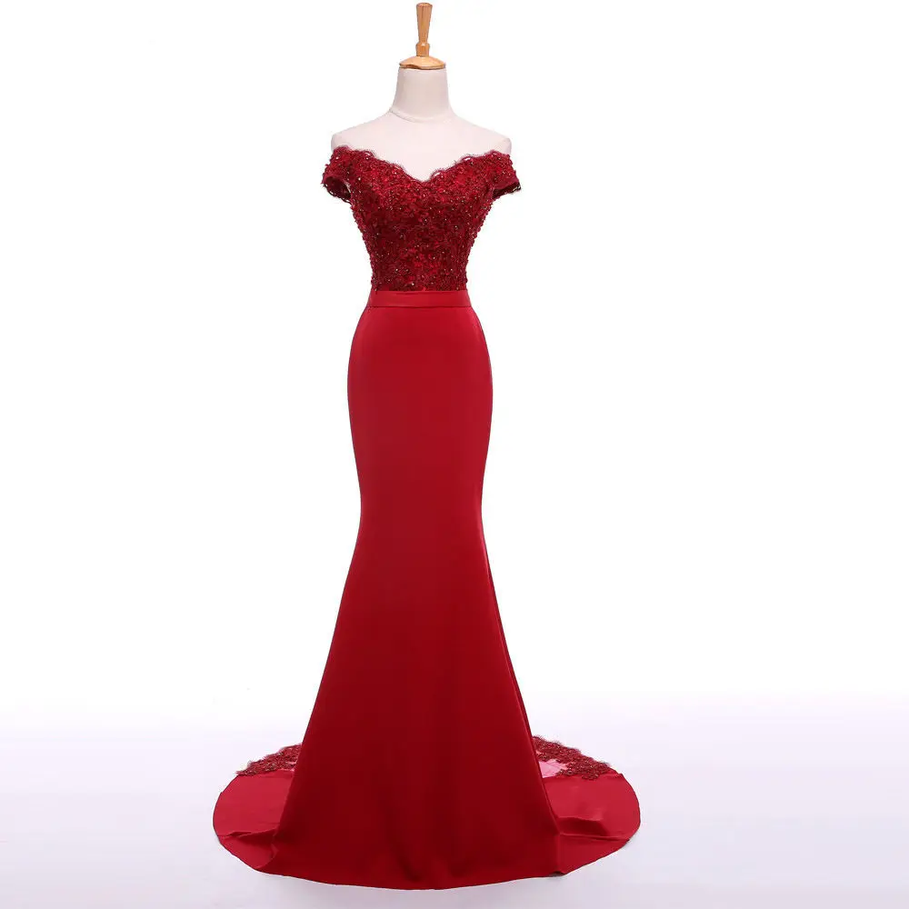 

Fashionable Factory Appliqued High Quality Off-the-shoulder Beaded Sexy Mermaid Red Evening Dress