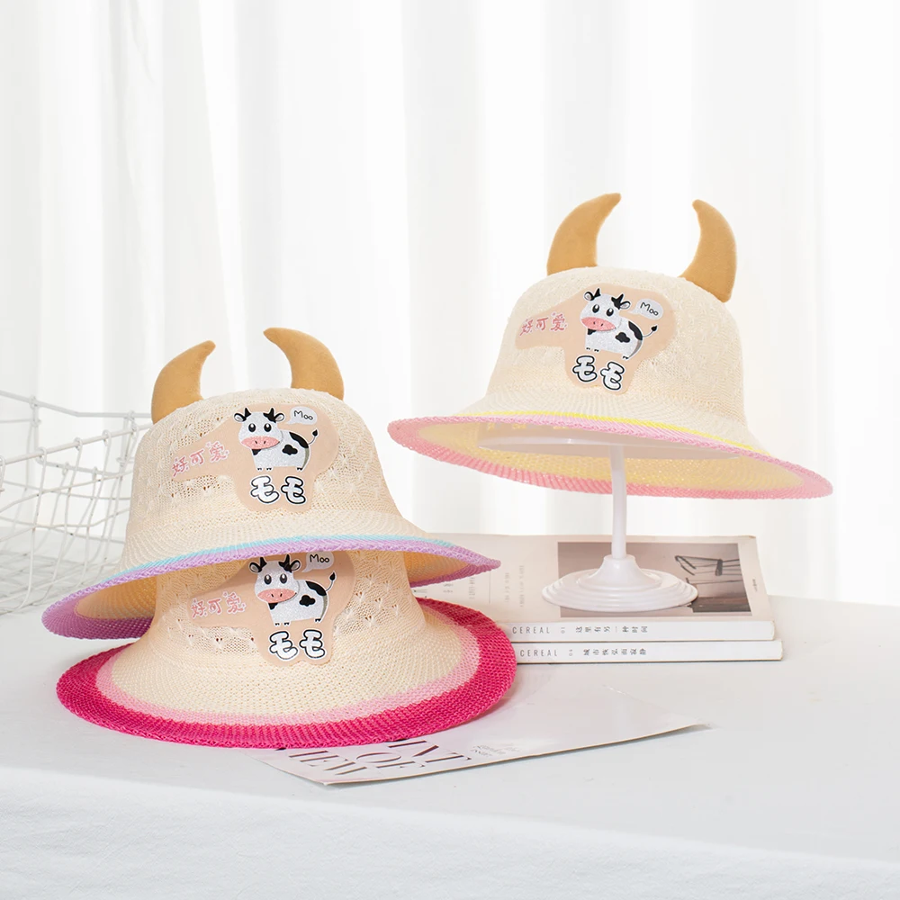 

Newest Fashion Baby Girl Boy Straw Hat Lovely Cartoon Cow Children Solid Floppy Pattern Ears Decor Cap Summer Kids Sun Hats