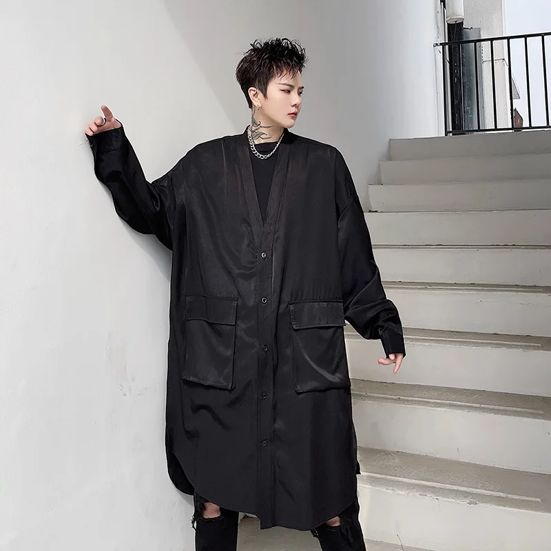 

2021 new Men Spring Summer New Long Sleeve Loose Casual Dress Shirt Cardigan Streetwear Vintage Fashion Black Shirt for Male