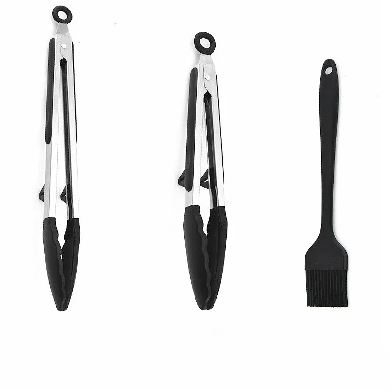 

3 Pieces Silicone Food Tongs Brusher Stainless Steel Non-slip Cooking Clip Clamp BBQ Tools Grill Kitchen Accessories