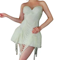 white pearl mini dress embellished beaded costume backless mesh gauze hanging neck dresses wedding party literary wear lady