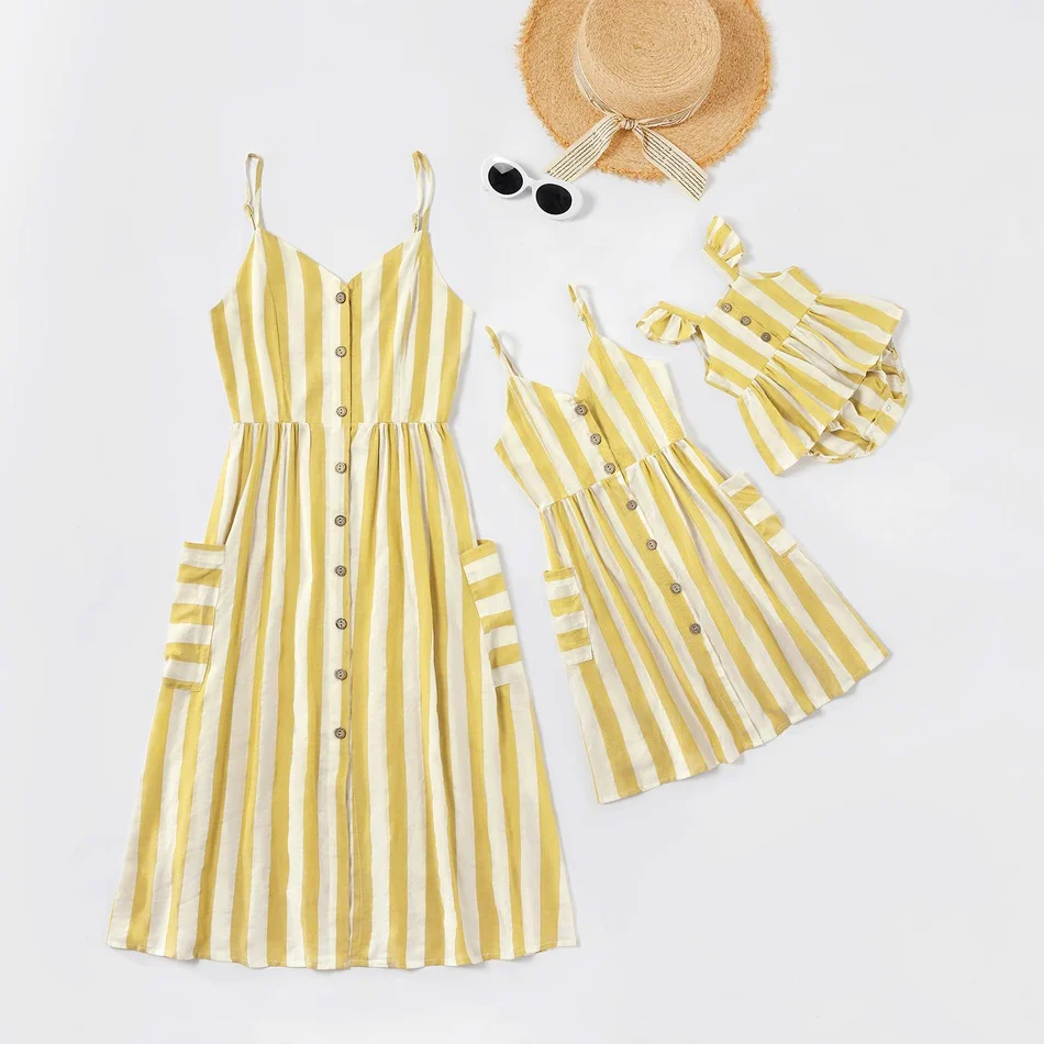 

Yellow Striped Family Dress Women Girls Dress Baby Rompers Family Matching Outfits Cotton Streetwear Button Pockets Family Look