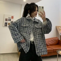 women elegant turn down collar button woolen coat 2021 new autumn korean ins fashion cardigan winter long sleeve pocket tops