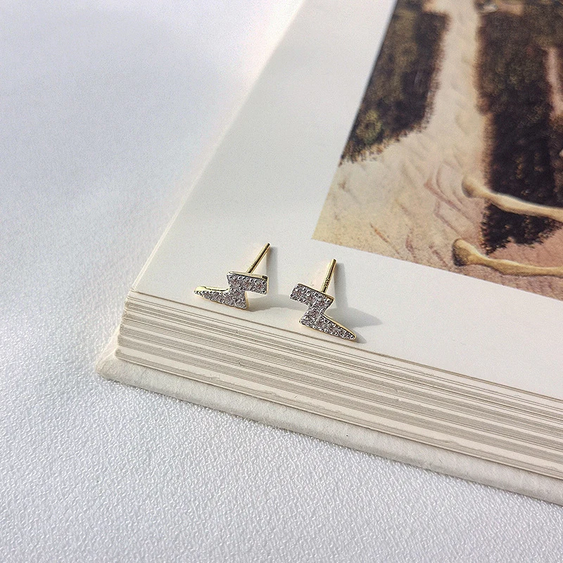 ElfoPlataSi Genuine 925 Sterling Silver Minimalist Gold Lightning Dazzling CZ Stud Earring For Women Fine Jewelry Brincos DS1812 | Украшения