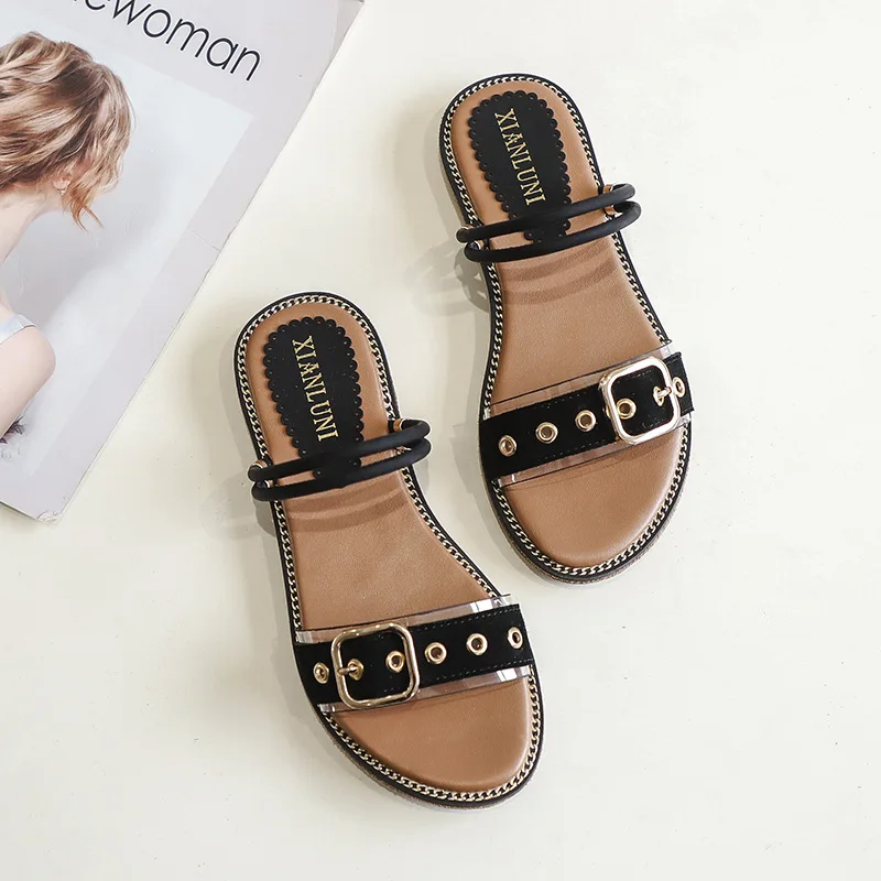 Genuine Leather Sandals Women's Fashionable All-match Flat Bottom Breathable Lightweight Wear-Resistant Non-Slip Womans Shoes