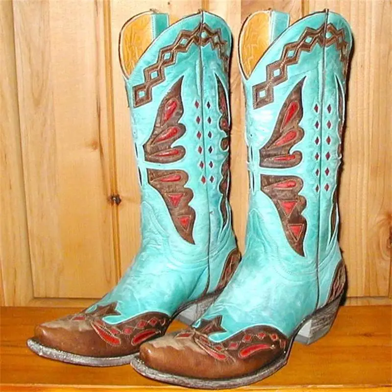 

2021 New Women Shoes Fashion All-match Handmade High-end Color Matching PU Pointed Toe Mid-heel Embossed Western Boots KS439