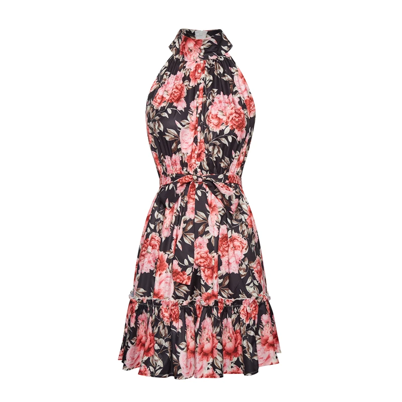 Платье Marwin женское с цветочным принтом пляжный стиль халтер до колен поясом без