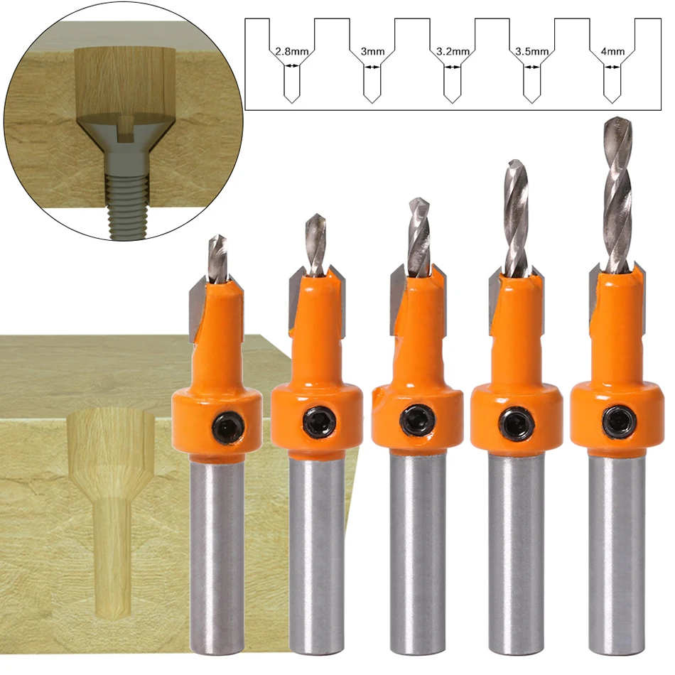 

5pcs set 8MM/10MM Shank Countersink Drill Bit Router Bit HSS Woodworking Countersink Router Bit Set for Wood Milling Cutter