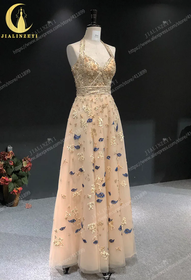 Rhine real Pictures Halter beads Sequins floor length платья женские dress women evening dress long formal dresses