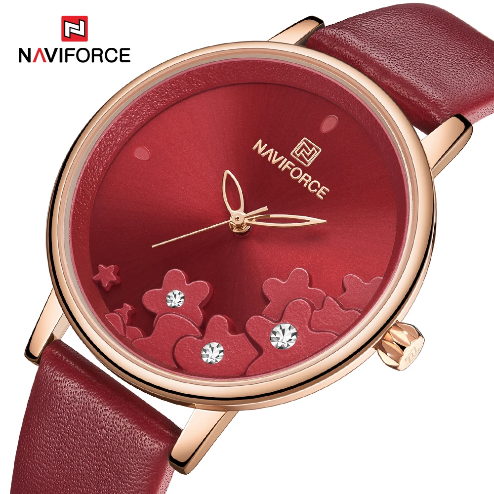 NAVIFORCE, новинка, часы с красным кожаным ремешком, женские часы, женские Кварцевые водонепроницаемые наручные часы, женские часы