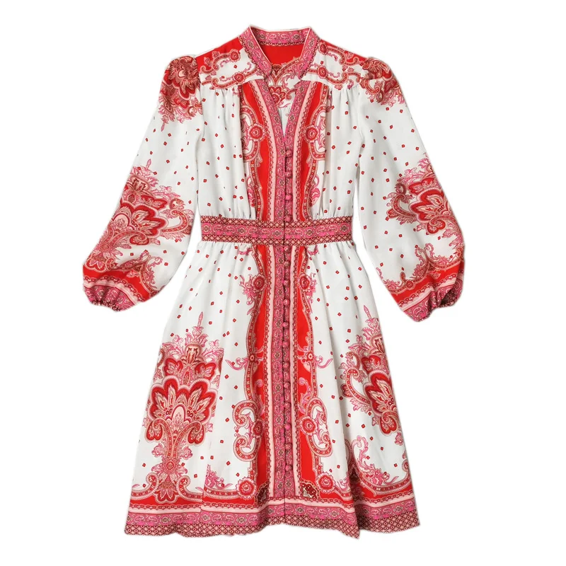 

Платье женское демисезонное с длинным рукавом, модное дизайнерское элегантное винтажное платье в богемном стиле с красным принтом, на пуго...