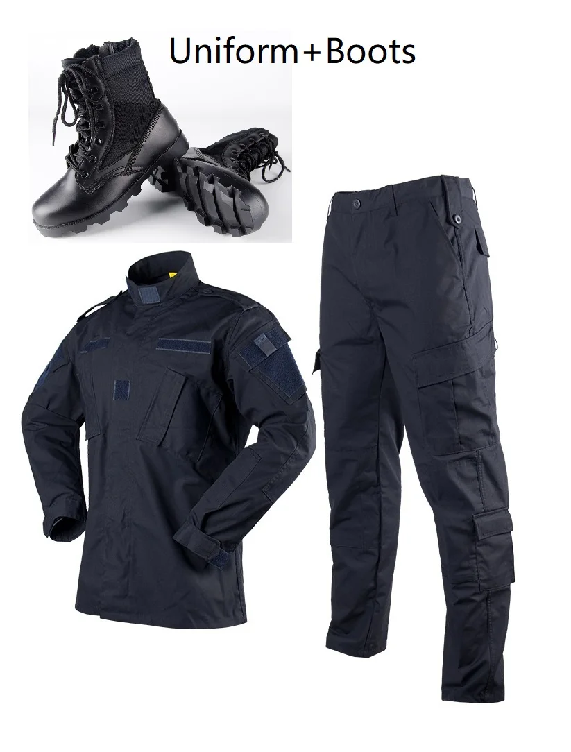 

Men's Sets Navy Police Uniform ACU Ribstop Cop Uiforms With Zipper Lace-up Boots Black Camouflage Sets