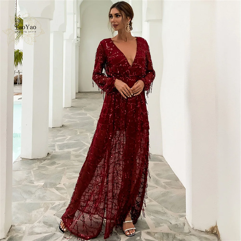 

Deep V Split Birthday Party Dress Fringed Sequin Evening Dress Sexy Long Sleeve Party Wear Dresses for Women Vestidos De Fiesta