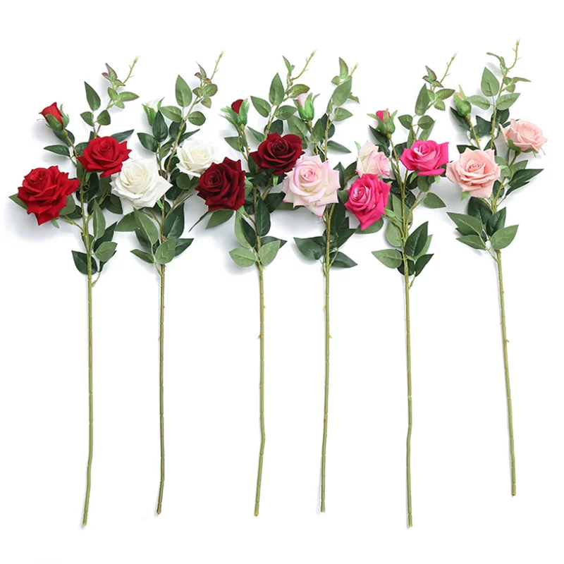 

87CM Red Flannel Rose Artificial Flower Bouquet Decoration 6 Colors 3 Head Roses For Wedding Home Decoration Photography Props