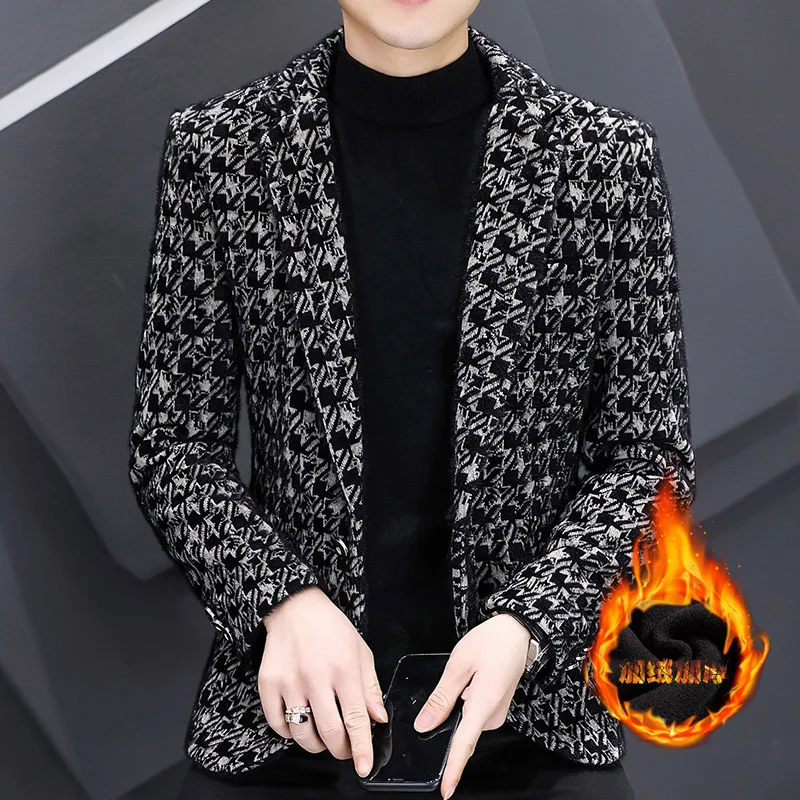 HOO 2022 Men's Autumn and Winter Woolen Printed Suit Handsome Slim-Fitting Youth Casual Fleece-Lined blazers | Мужская одежда