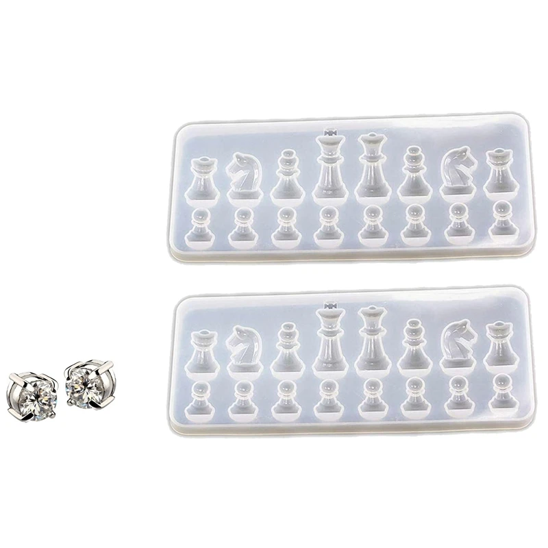 

1 Pair Fashion Ear Stud Earring White+Silver Color & 2 Pcs Resin Casting Molds Set 3D Chess Clear Silicone Mold