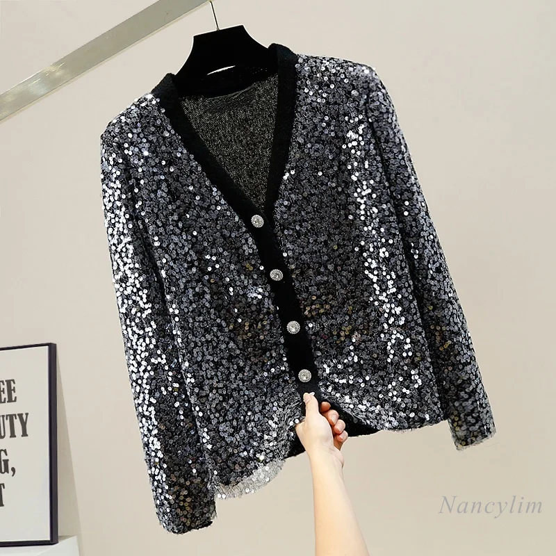 

Heavy Embroidery Sequins V-neck Rhinestone Single-Breasted Knitted Sweater Cardigan Women's All-Match Top Fashion Coat