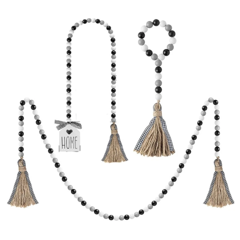 

1/3pcs Wood Bead Garland with Tassels Farmhouse Rustic Holiday Country Tiered Tray Decorations Wall Hanging Decor
