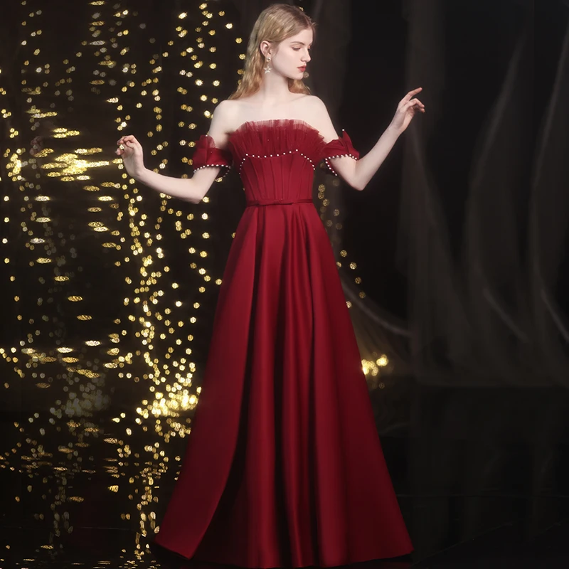 

Женское вечернее платье без бретелек, белое платье-трапеция с жемчужинами и короткими рукавами, модное плиссированное платье до пола, для т...