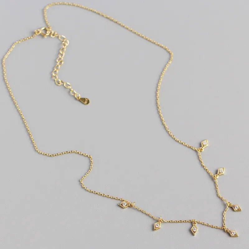 

A00950 925 Silver Geometric Zircon Clavicle Link Chain Necklace for Fashion Women European Fine Sterling Silver Jewelry