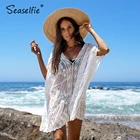 SEASELFIE однотонное белое кружевное вязаное крючком бикини накидка сексуальное с V-образным вырезом свободное шифоновое пляжное платье Туника Женская 2022 Пляжная накидка