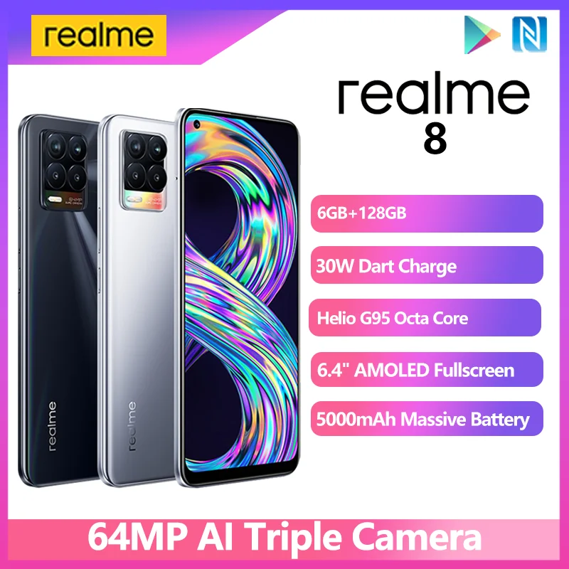 

Смартфон realme 8, 6 ГБ + 128 Гб, телефон с экраном 6,44 дюйма AMOLED, заряд 30 Вт, аккумулятор 5000 мАч