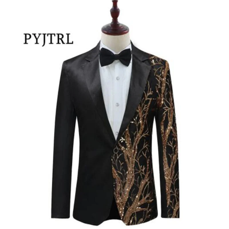 Sequined suits men's splicing gold leaf blazers clothes host emcee stage singer party dress annual party costume black red