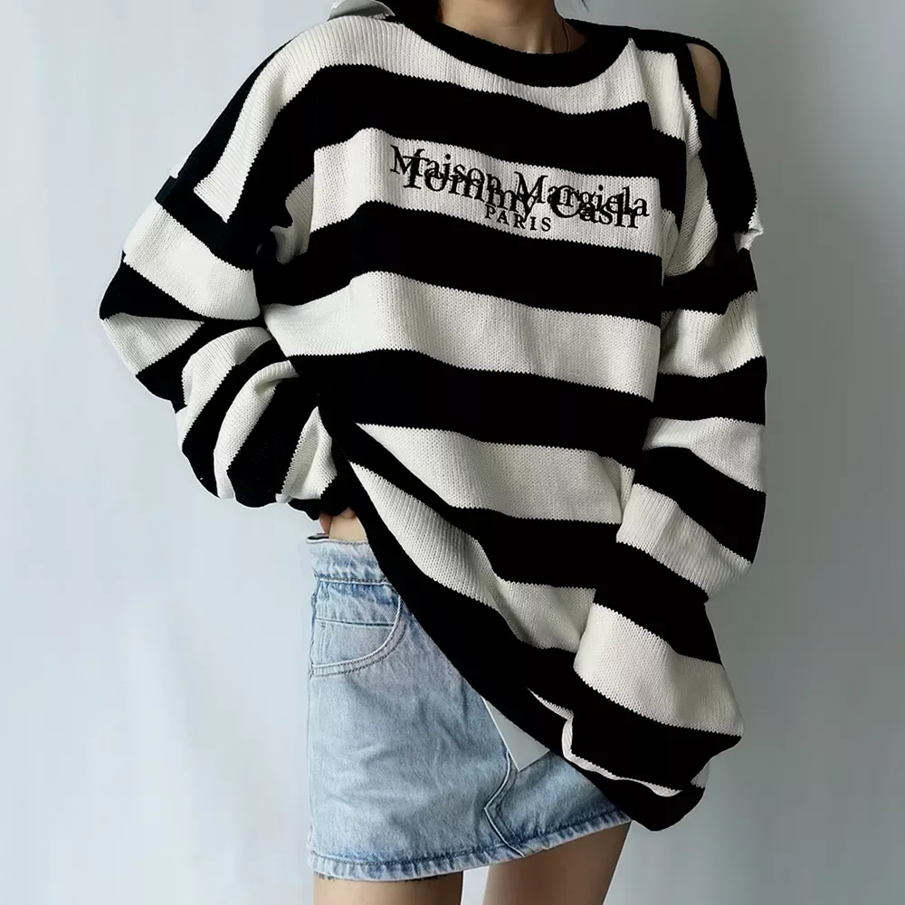 

Women Striped Sweater Pullovers Autumn Spring Streetwear Sweatshirt Embroidered Letters Casual Loose Couple Pullovers Korean Top