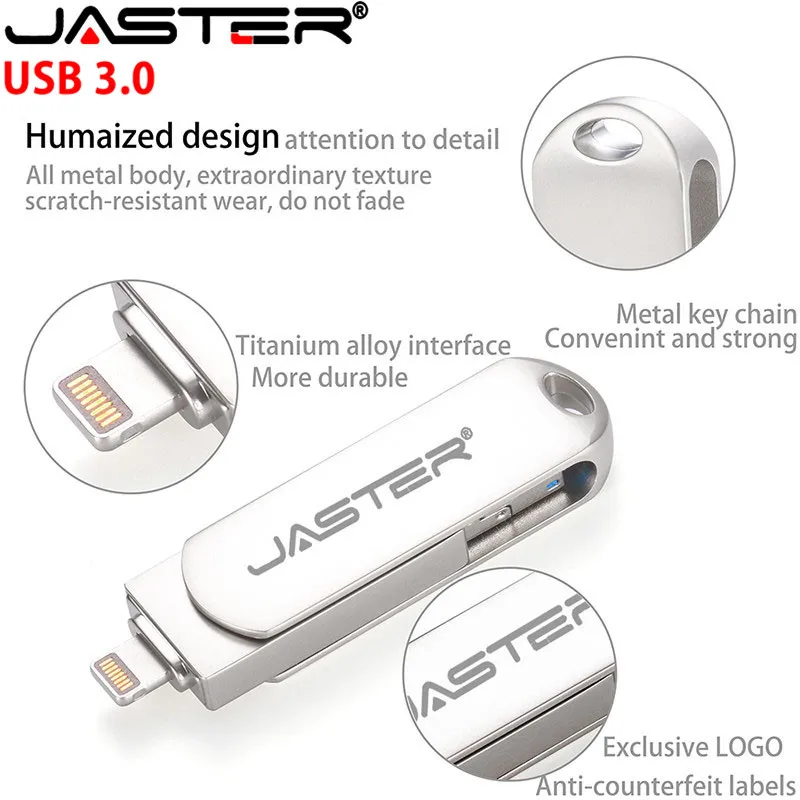 

JASTER Type-C Pen Drive Usb Flash Drive 3.0 para Iphone ipad Android 16gb 32gb 64gb 128gb 256gb Pendrive 2in1