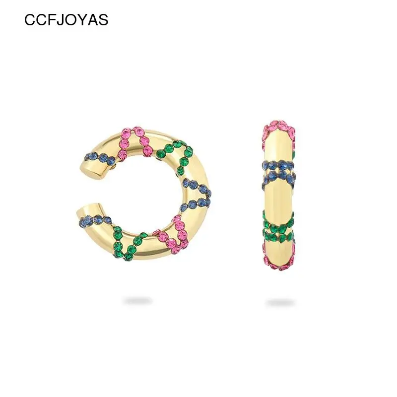 

CCFJOYAS 1 pcs European and American C-shaped Rainbow Zircon Clip on Earrings for Women Gold color Alloy Earcuff Wholesale