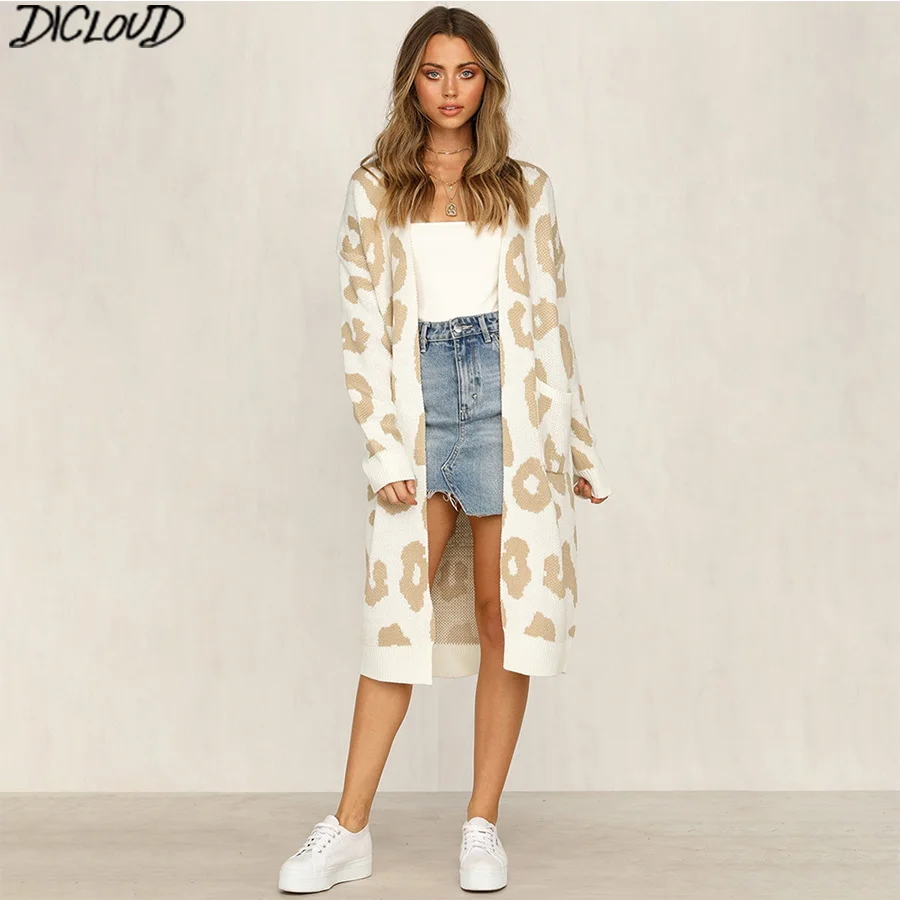 С леопардовым принтом Повседневный свитер женский вязаный кардиган с карманами