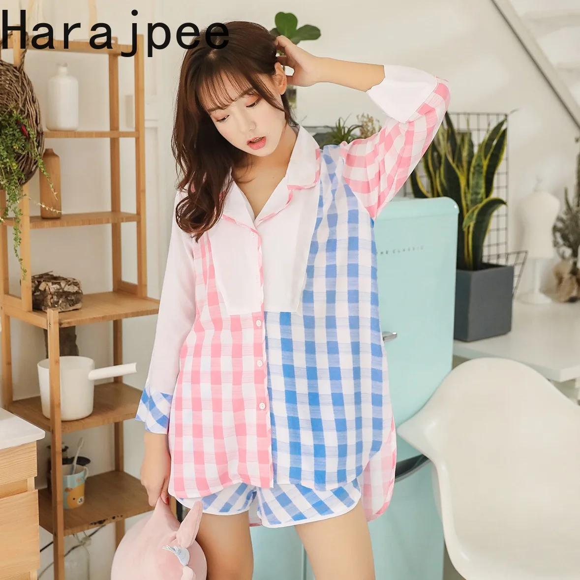 

Женская пижама в стиле харадзпи 2021, летняя японская Милая темпераментная одежда в клетку с блокировкой цветов и рукавом три четверти, домаш...