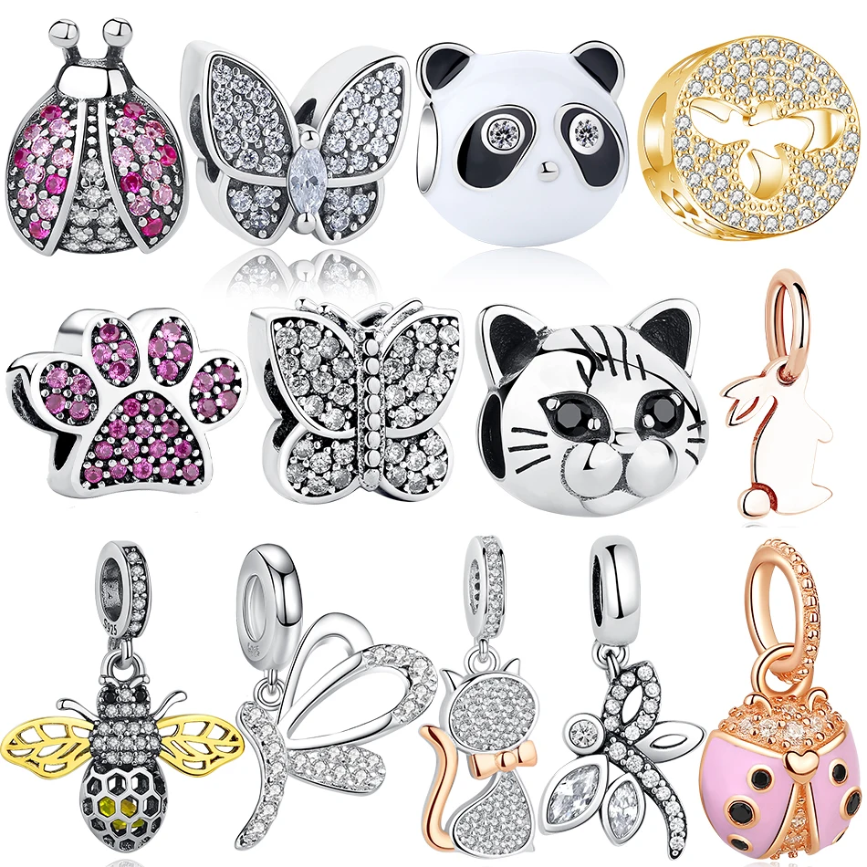 

ELESHE 925 Sterling Silver Animal Insect Charm Beads Cute Ladybug Butterfly Cat Bee Charms fit Original Bracelets DIY Jewelry